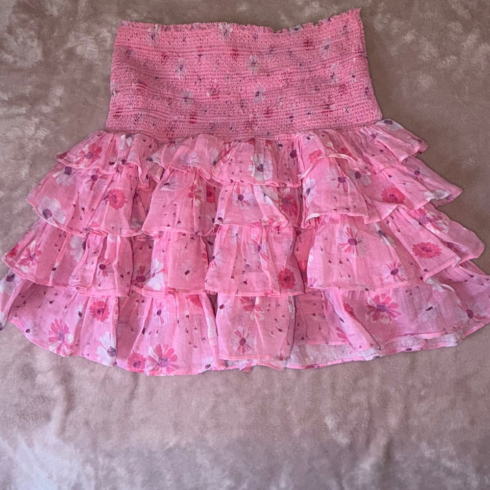 LoveShackFancy Pink Floral Ruffle Mini Skirt Smocked Waist Tiered Boho Womens S - Picture 3 of 4
